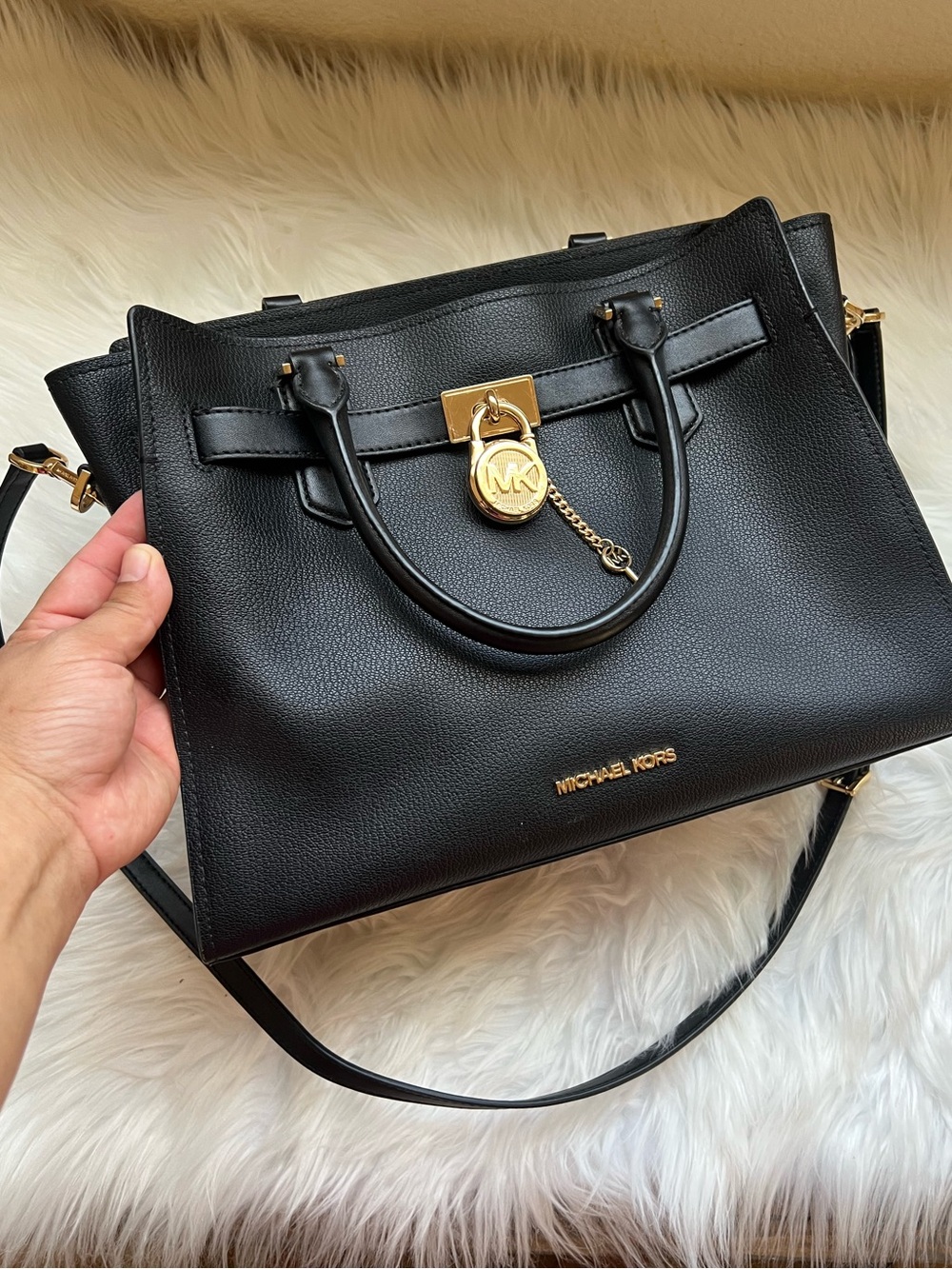 Michael Kors Black Leather Satchel with Gold Accent Lock